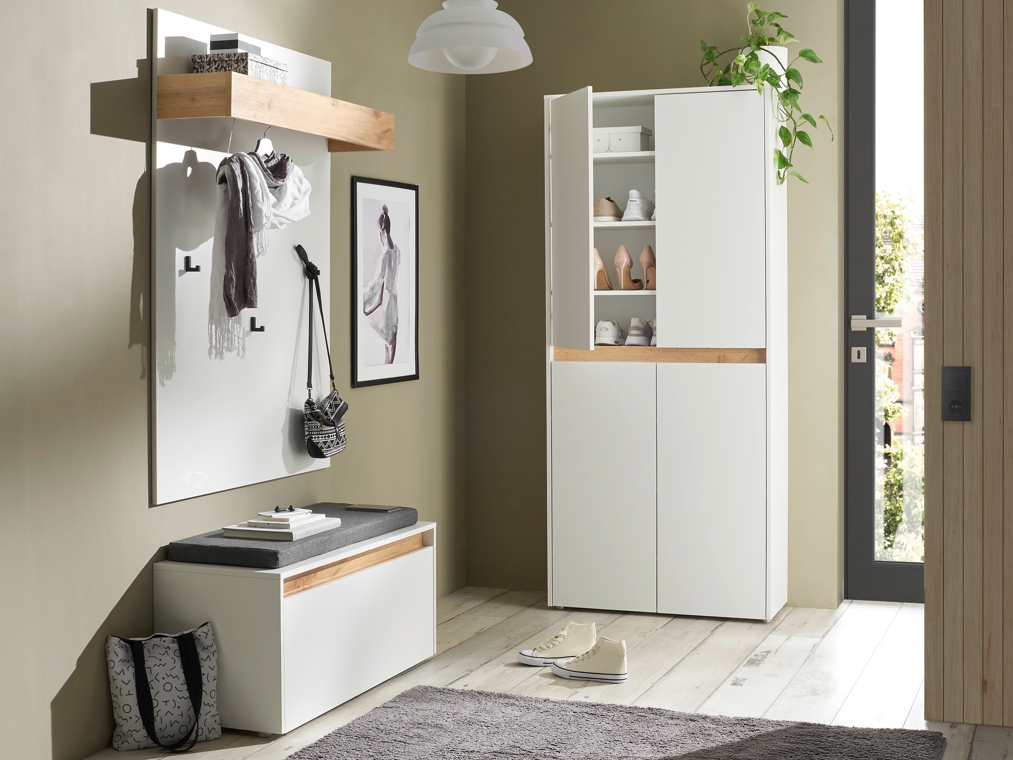 Előszoba garnitúra Elbsori 177 (Fehér + Wotan tölgy)