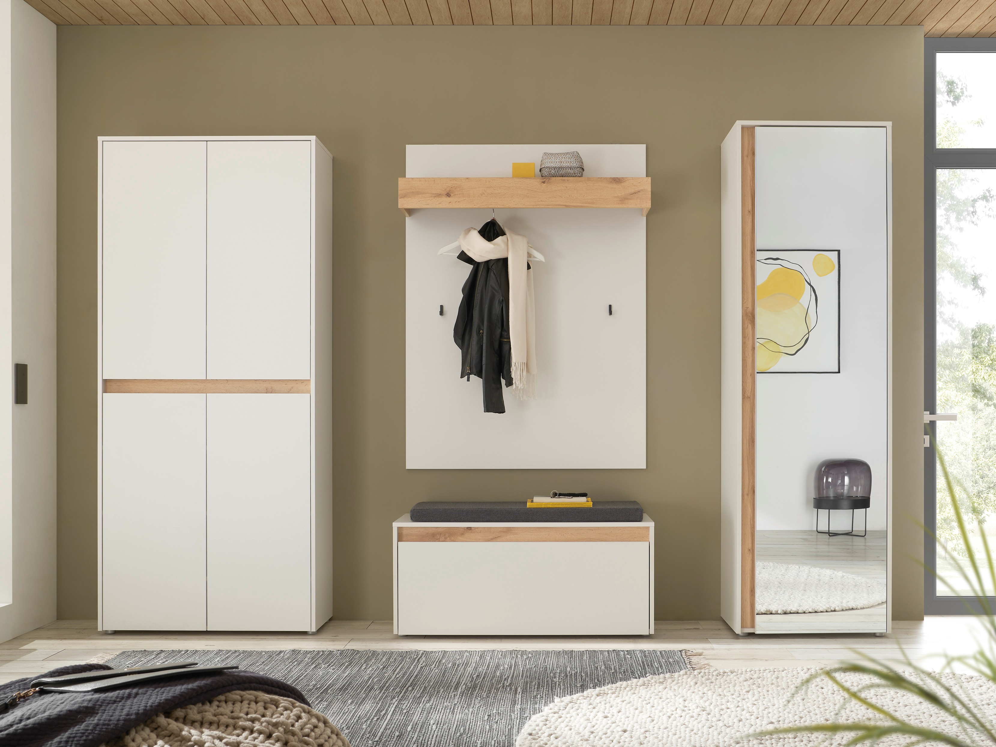 Előszoba garnitúra Elbsori 177 (Fehér + Wotan tölgy)