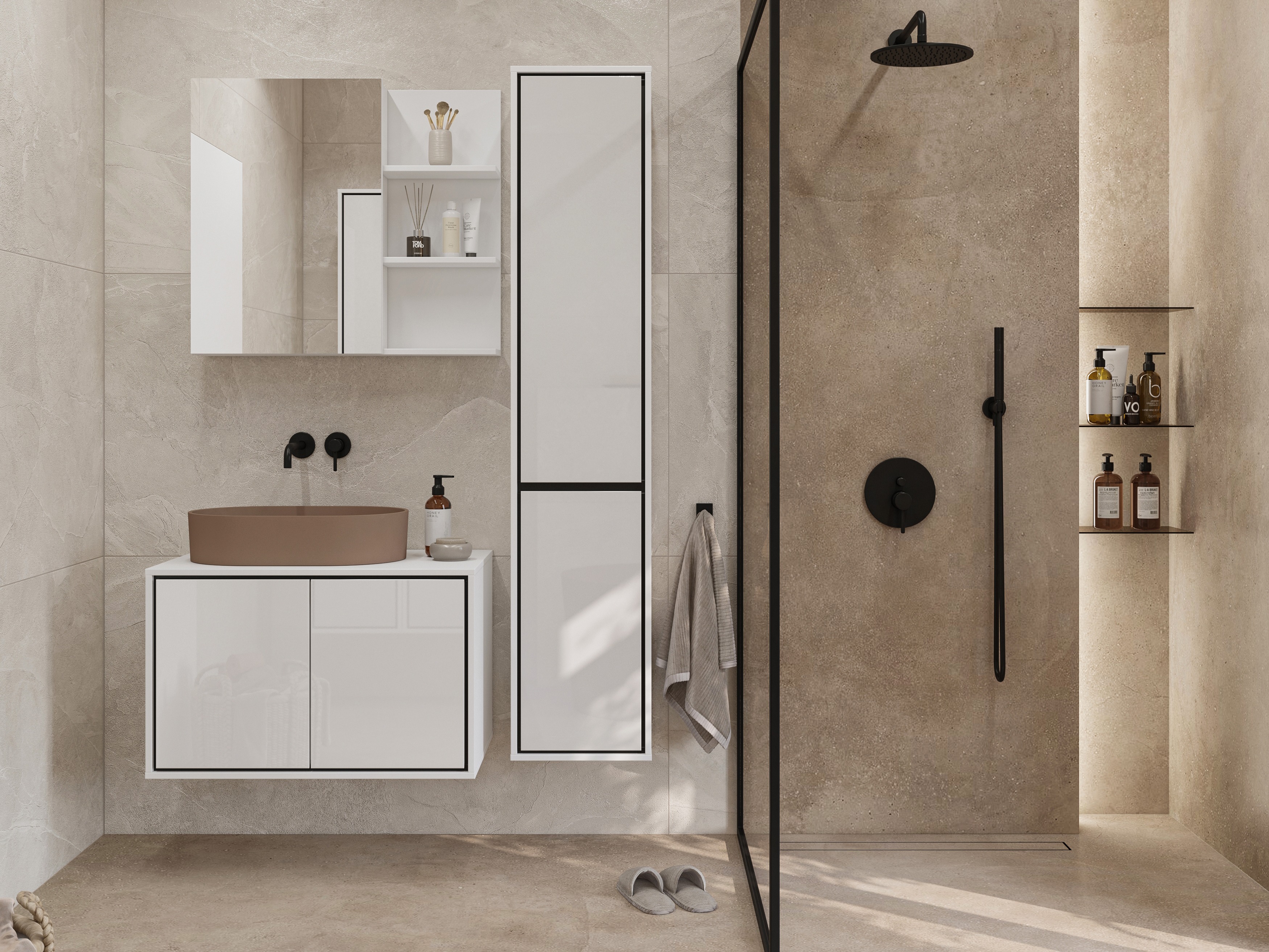 Fürdőszobai garnitúra Tecavu 105 (Fényes fehér + Fehér)