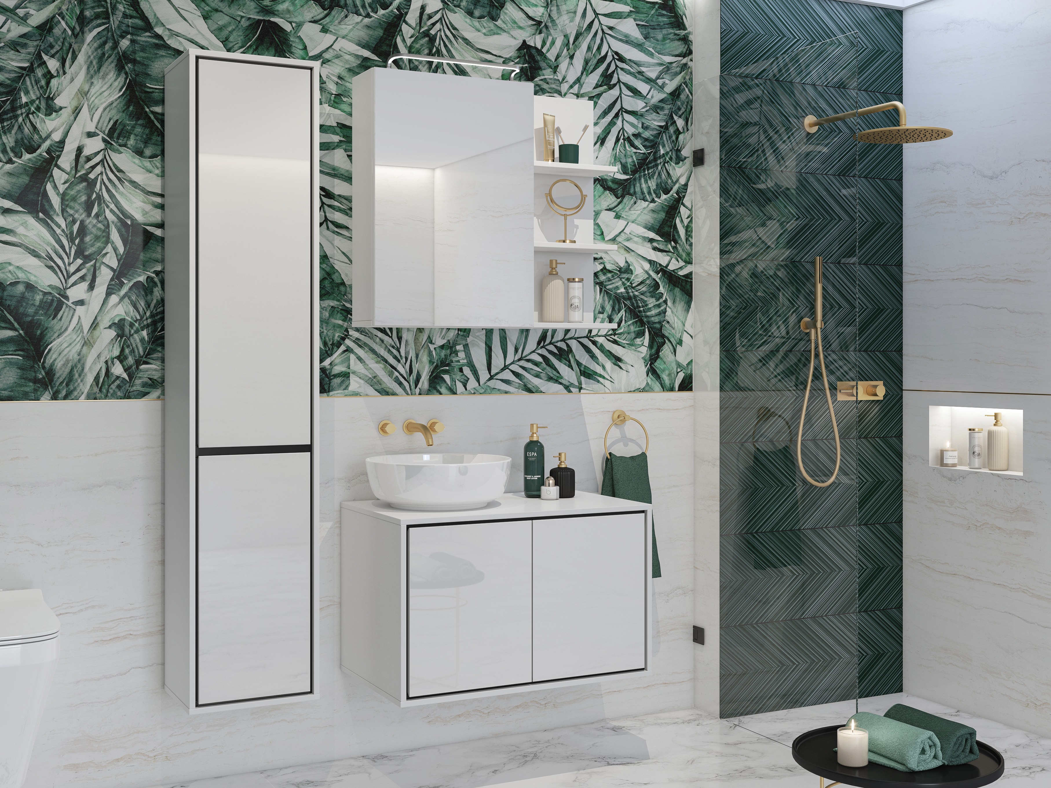 Fürdőszobai garnitúra Tecavu 105 (Fényes fehér + Fehér)