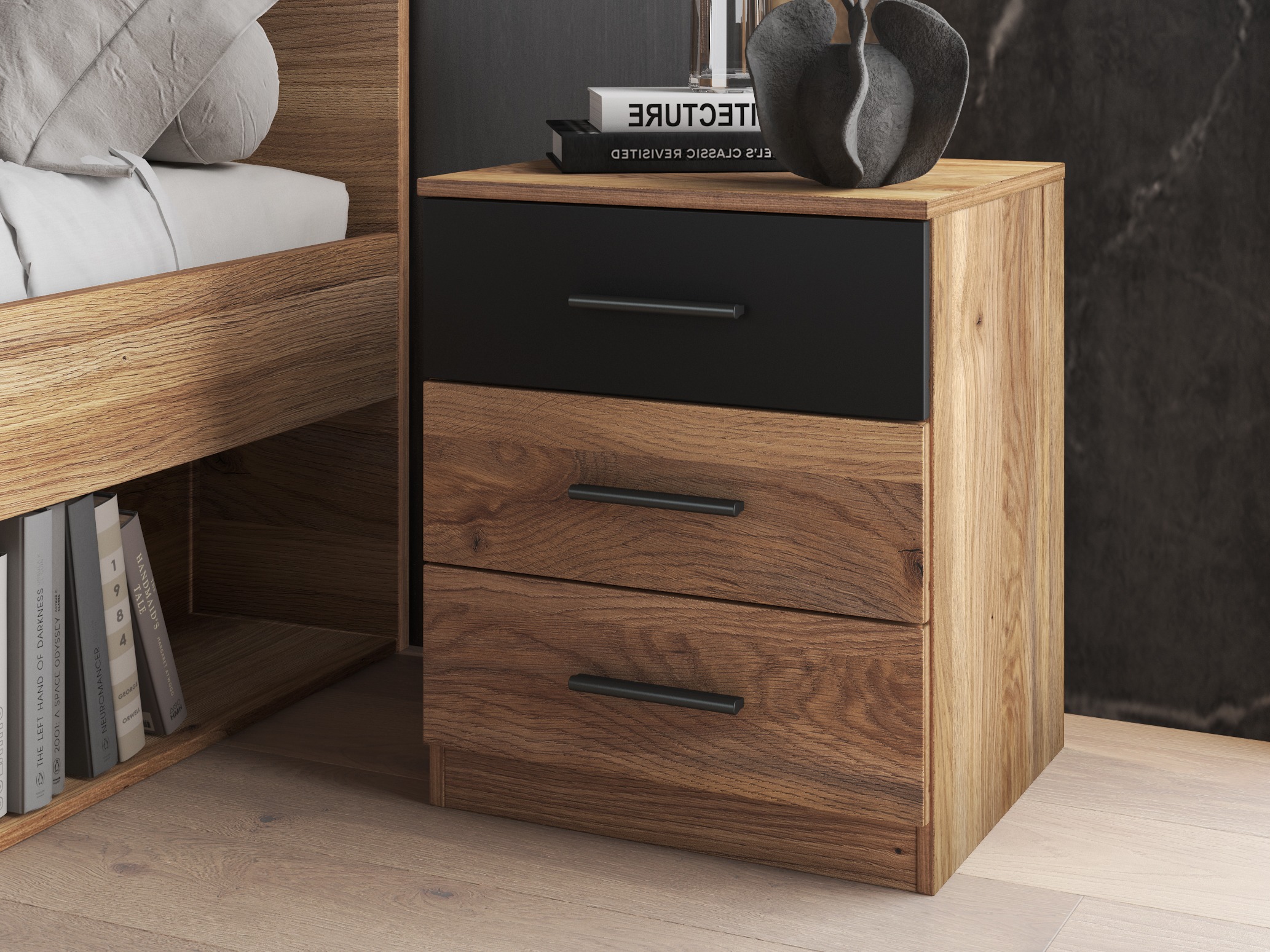 Éjjeliszekrény Melvele 100 (Tölgy + Fekete)