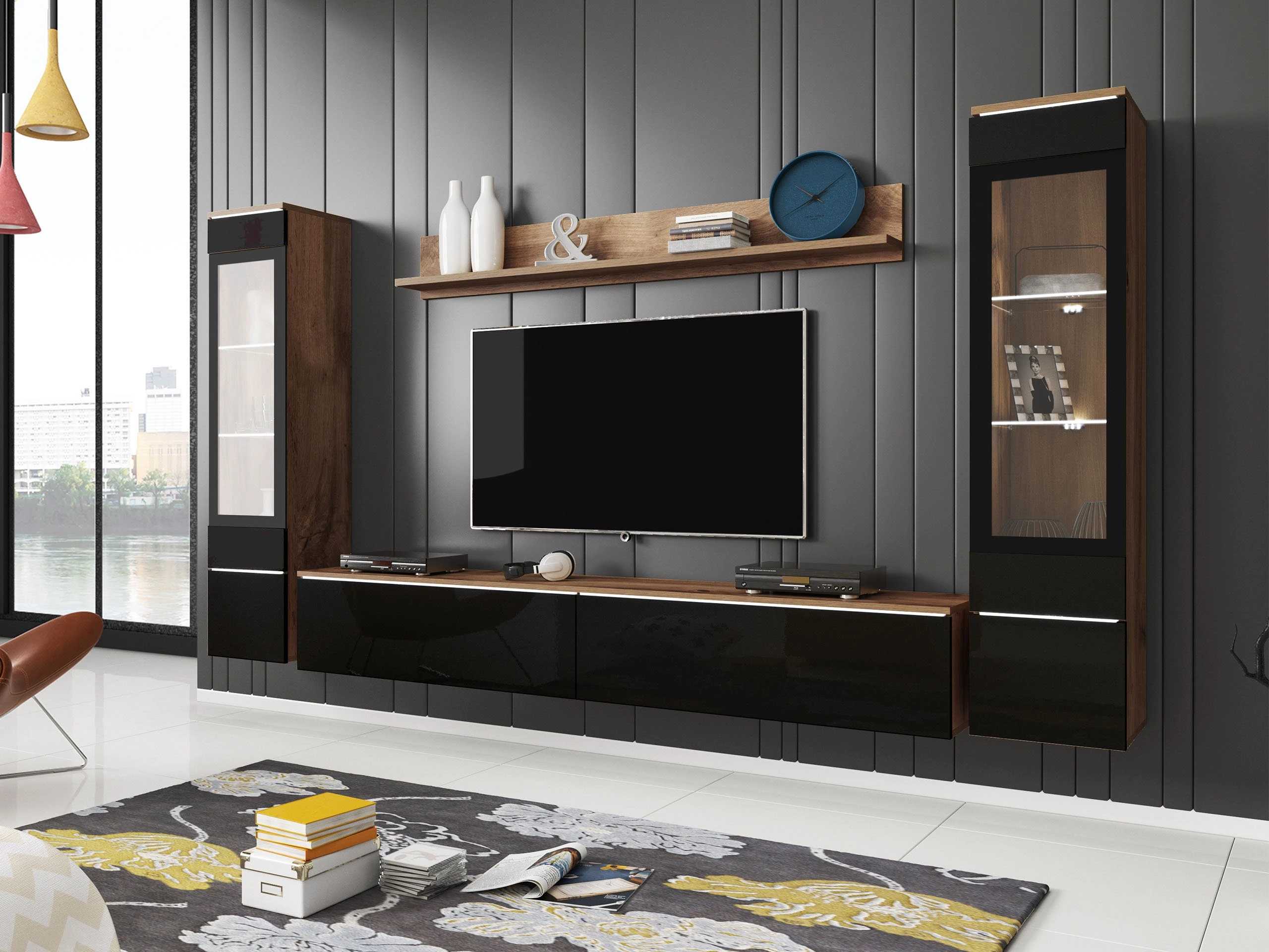 Nappali szett Sarasota 126 (Wotan tölgy + Fényes fekete)