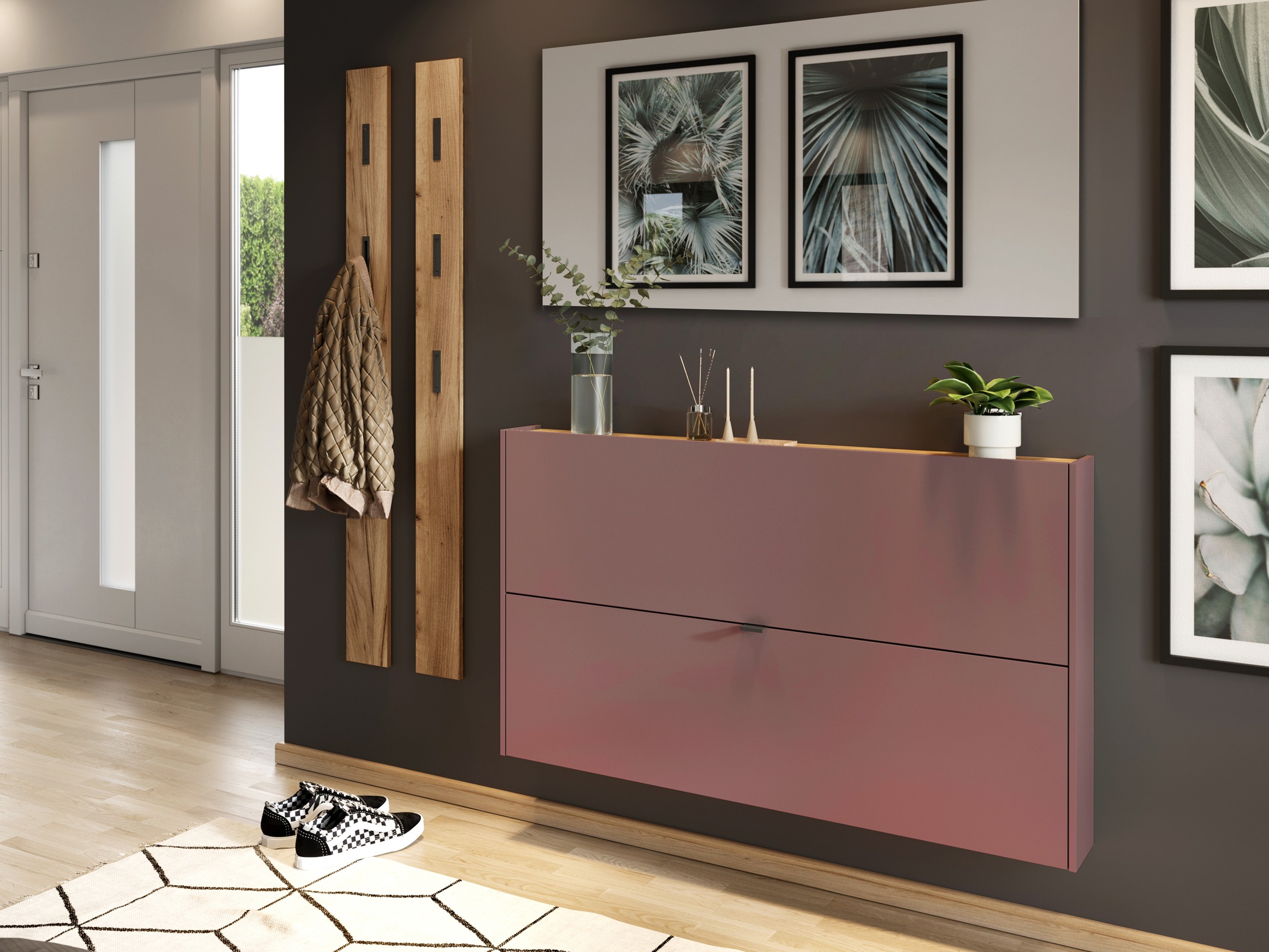 Cipőtároló Cirsale 108 (Poros rózsaszín + Navarra tölgy)