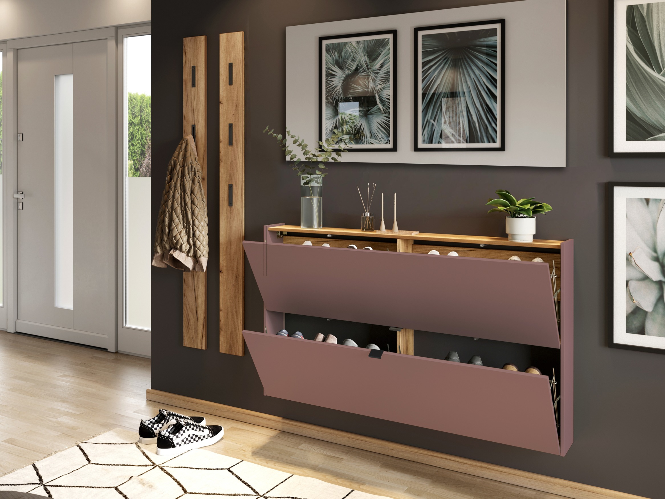 Cipőtároló Cirsale 108 (Poros rózsaszín + Navarra tölgy)