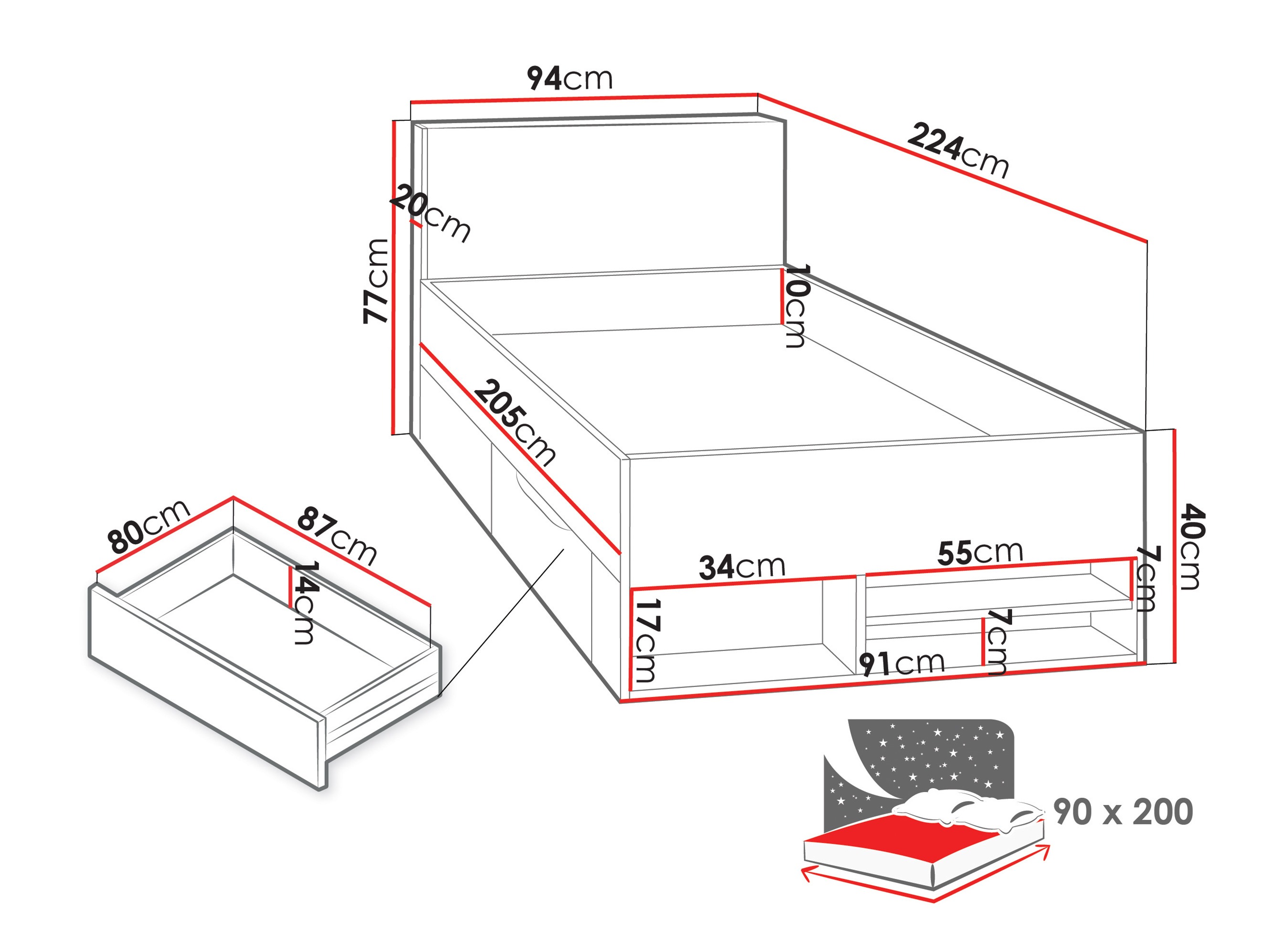 Ágy Camteso 112 (Fehér + Tölgy + Türkiz)