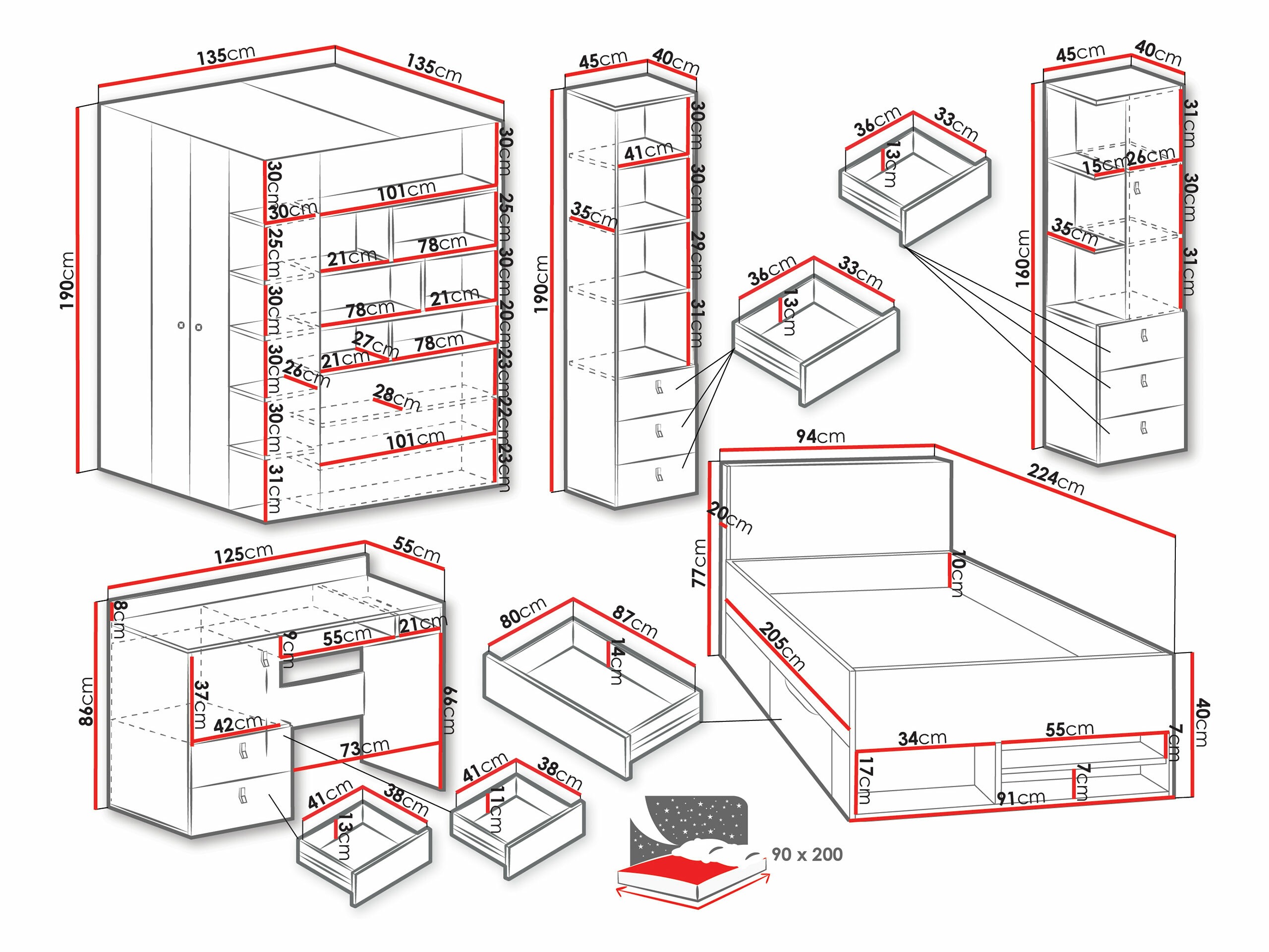 Gyerekszoba garnitúra Camteso 115 (Fehér + Tölgy + Türkiz)