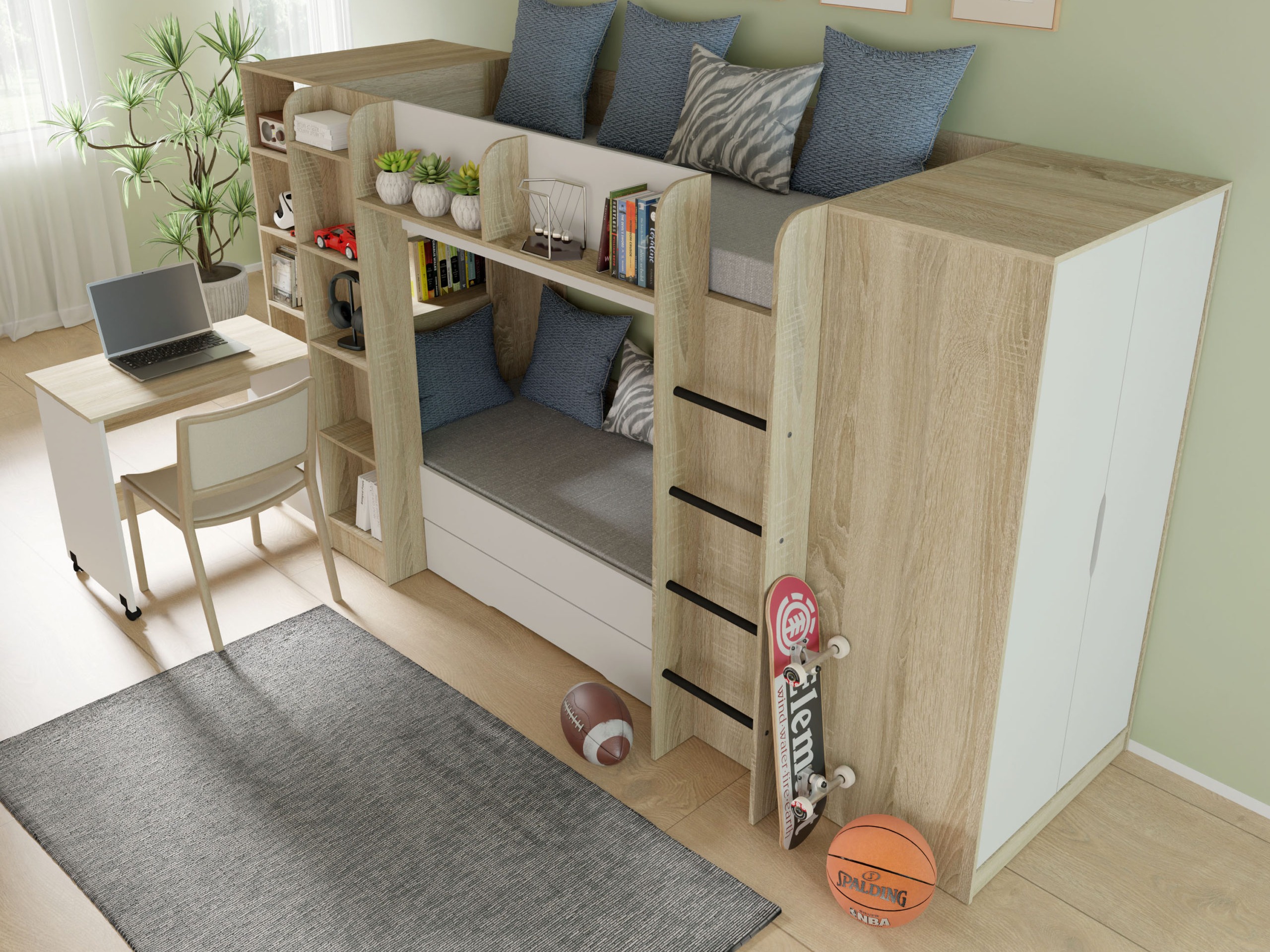 Emeletes ágy Elitenu 102 (Sonoma tölgy + Fehér)