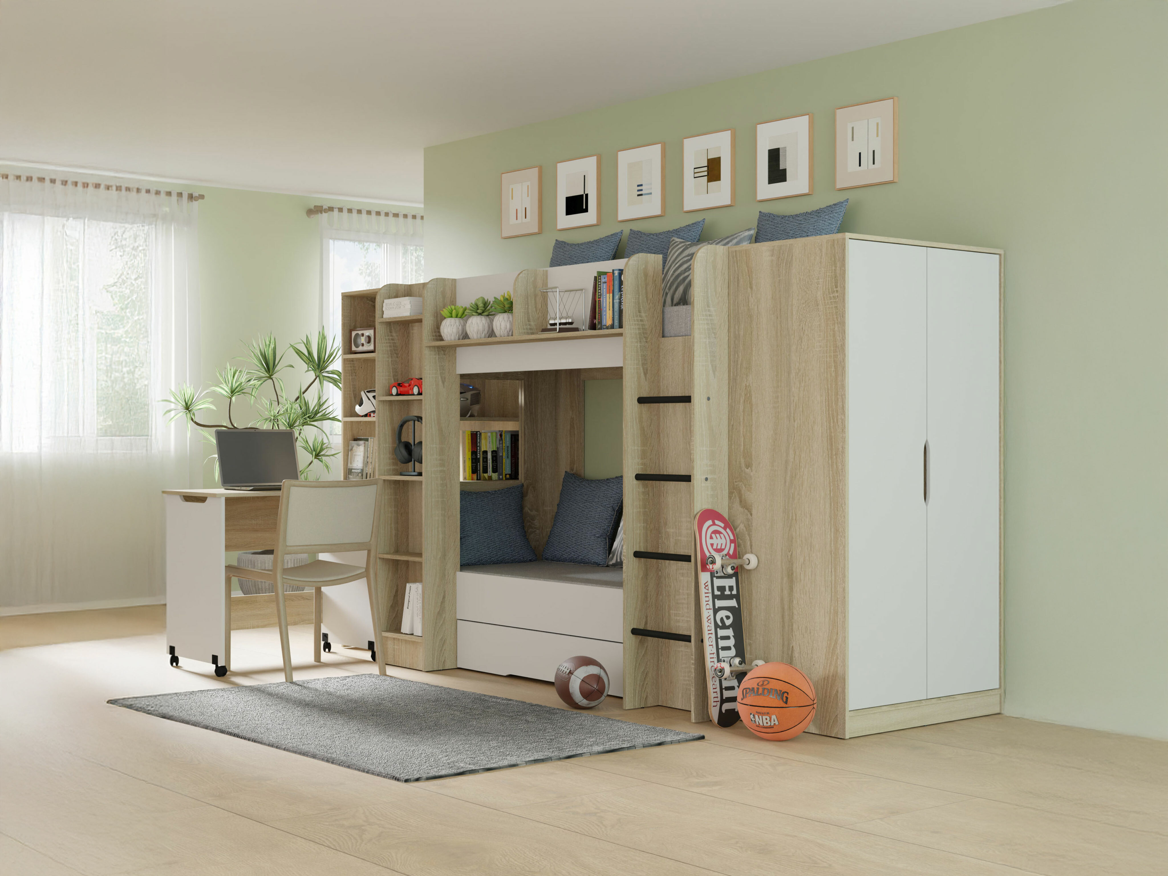 Emeletes ágy Elitenu 102 (Sonoma tölgy + Fehér)