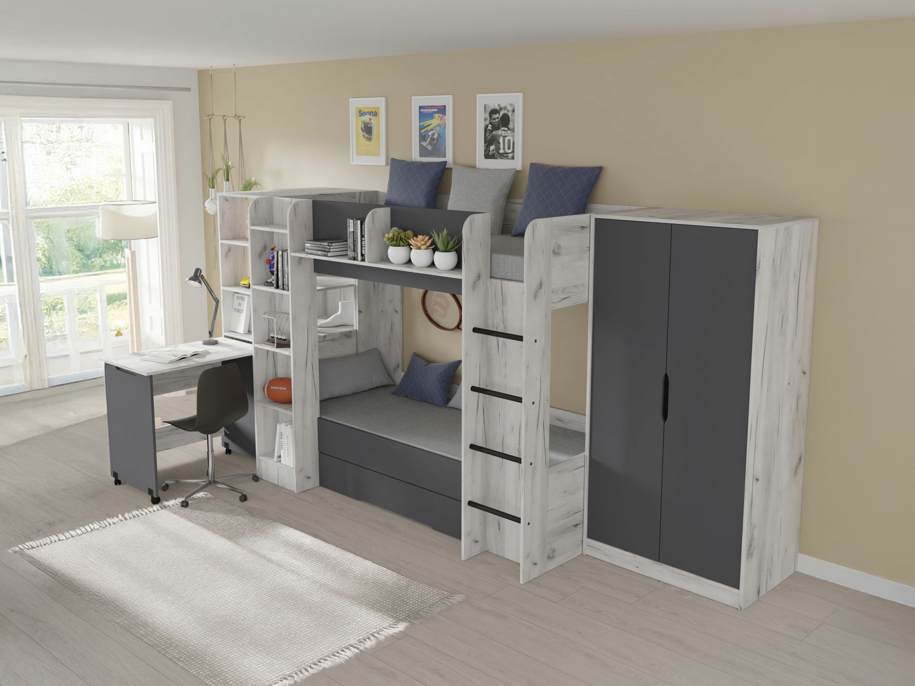 Gyerekszoba garnitúra Elitenu 104 (Kézműves fehér + Grafit)