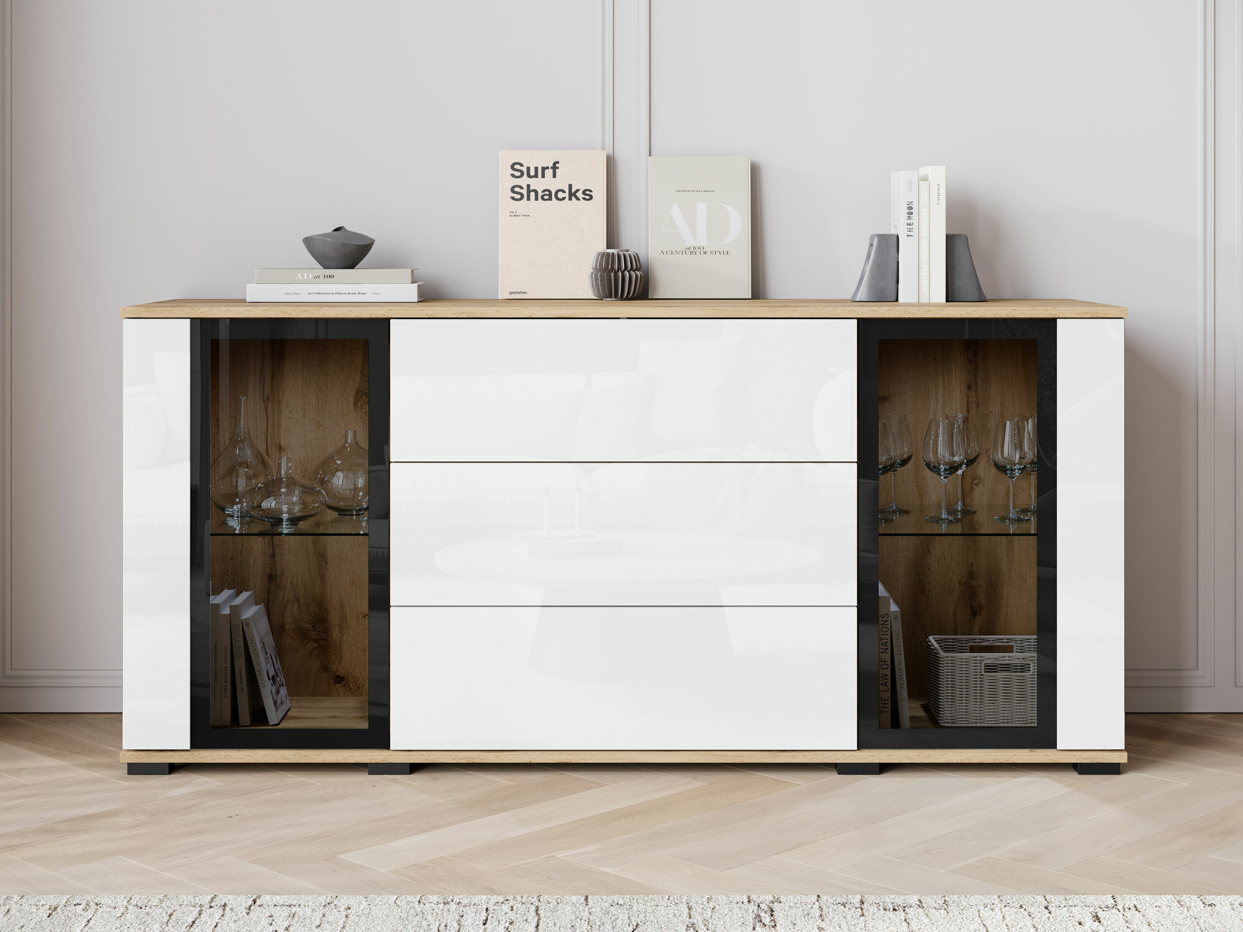 Komód Torcame 101 (Wotan tölgy + Fényes fehér)