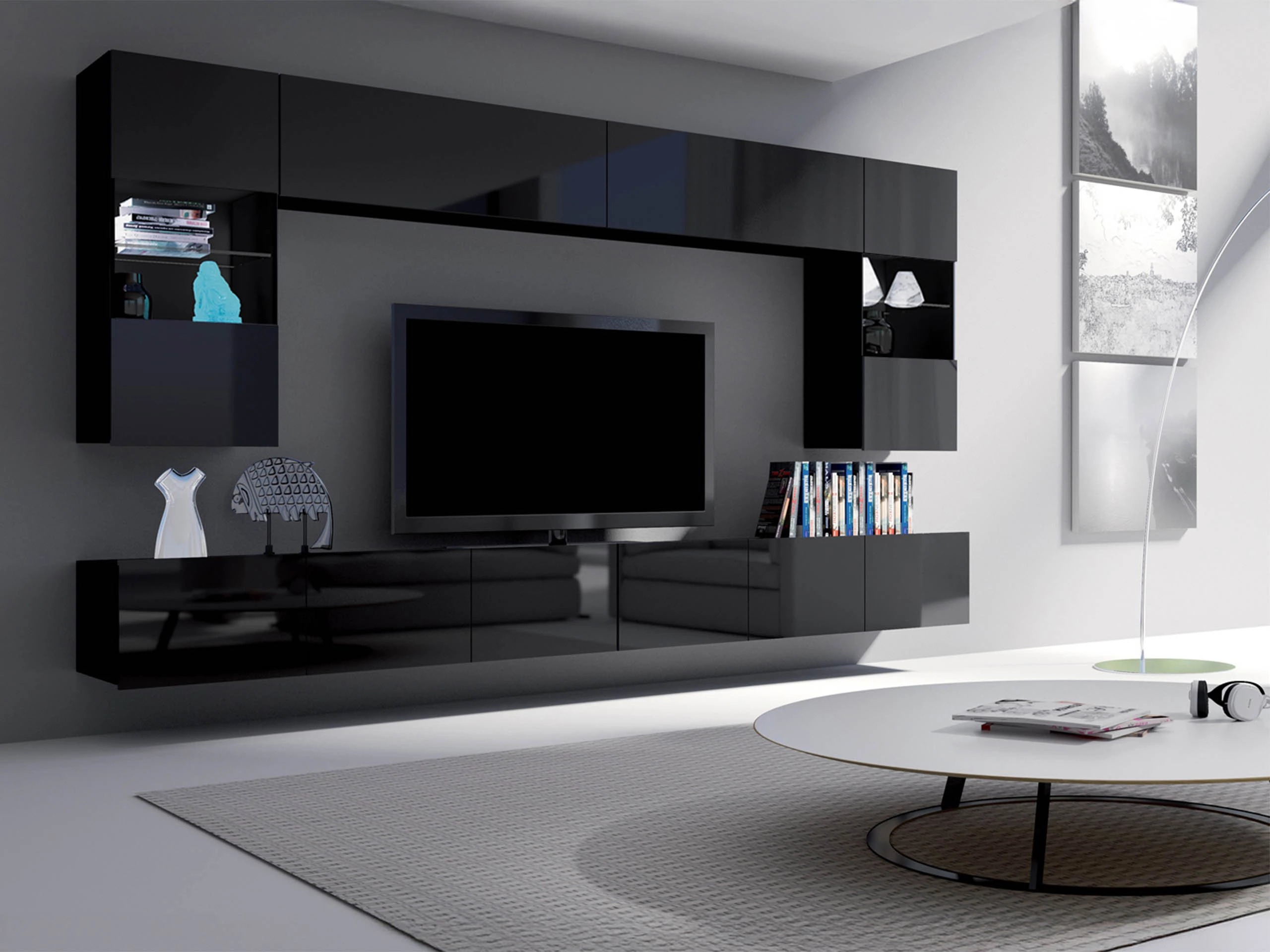 Fali szekrény Remus (Fekete + Fényes fekete)