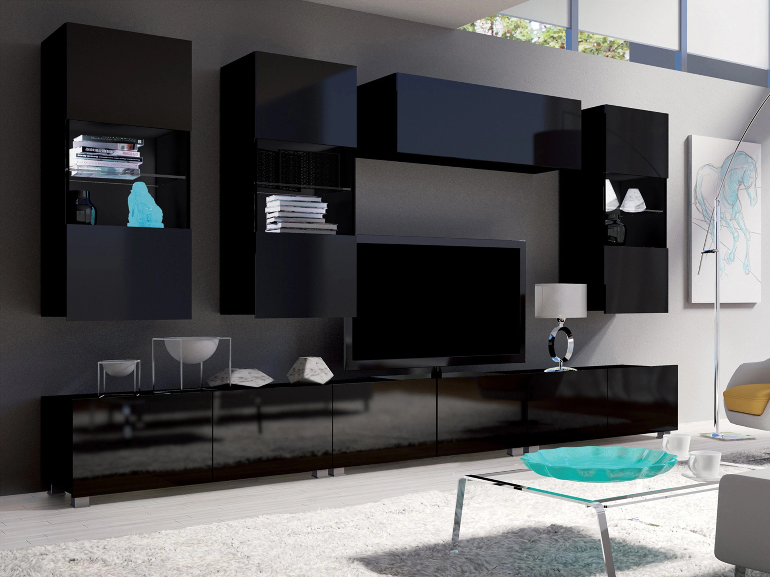 Fali szekrény Tivdalu 102 (Fekete + Fényes fekete)