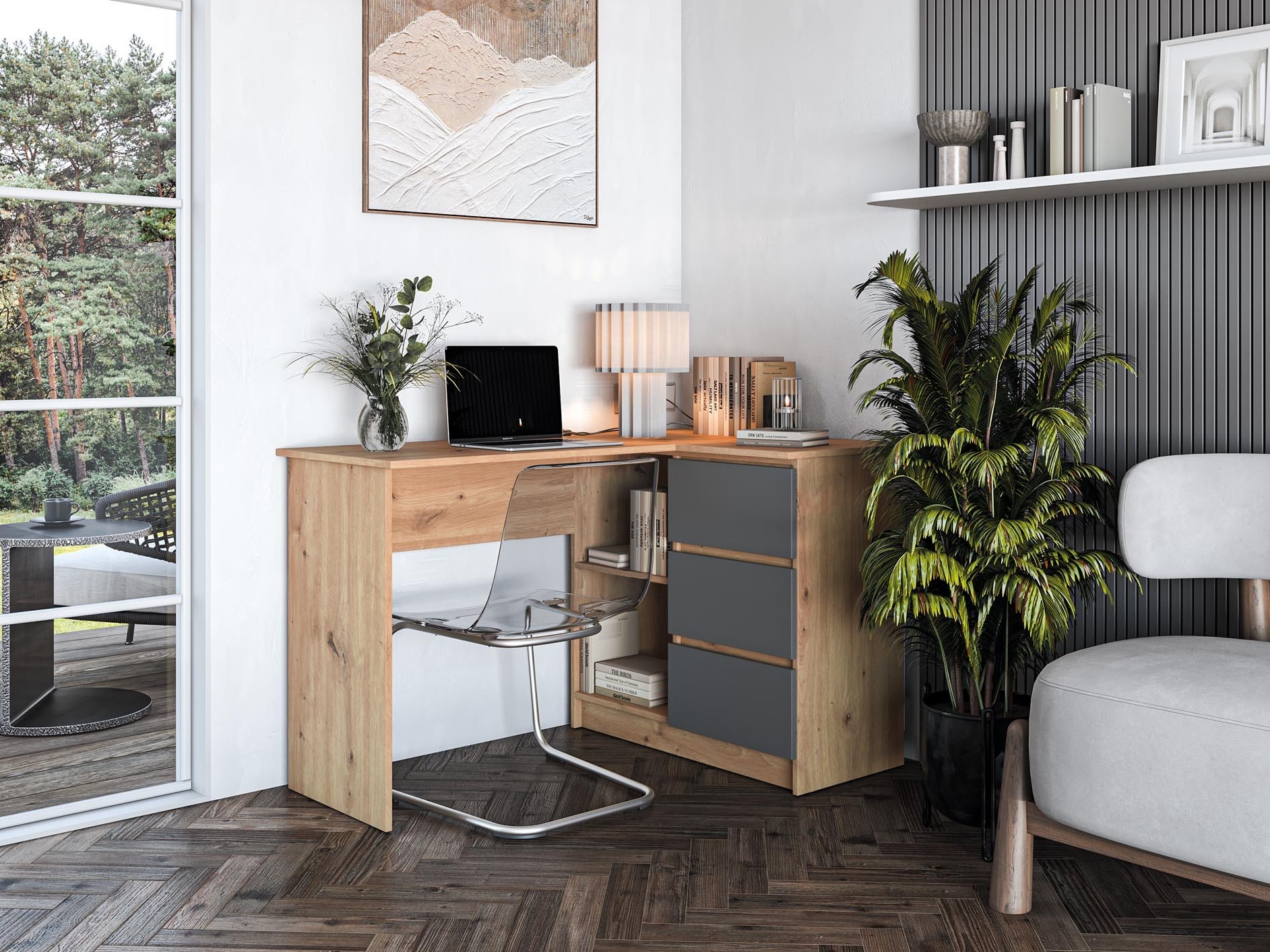 Sarok íróasztal Houston 1950 (Grafit + Artisan tölgy)
