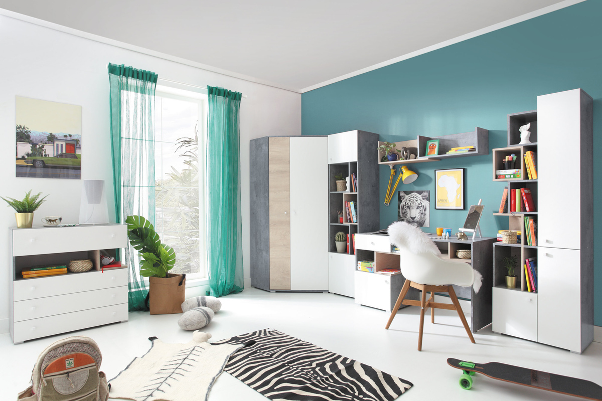 Könyvespolc Omaha J105 (Beton + Fehér + Tölgy)