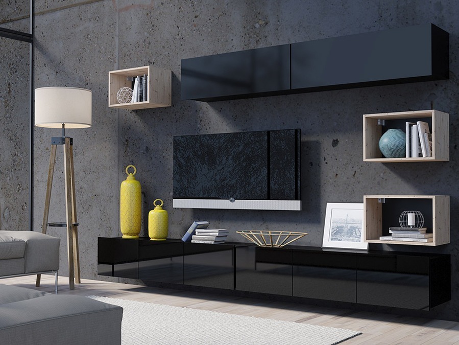 Nappali szett Remus XXXI (Fekete + Fényes fekete + Artisan tölgy)