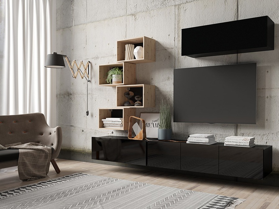 Nappali szett Tivdalu 149 (Fekete + Fényes fekete + Artisan tölgy)