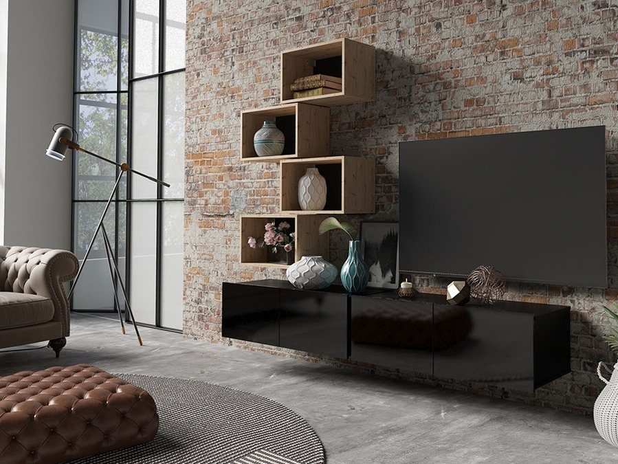 Nappali szett Tivdalu 150 (Fekete + Fényes fekete + Artisan tölgy)