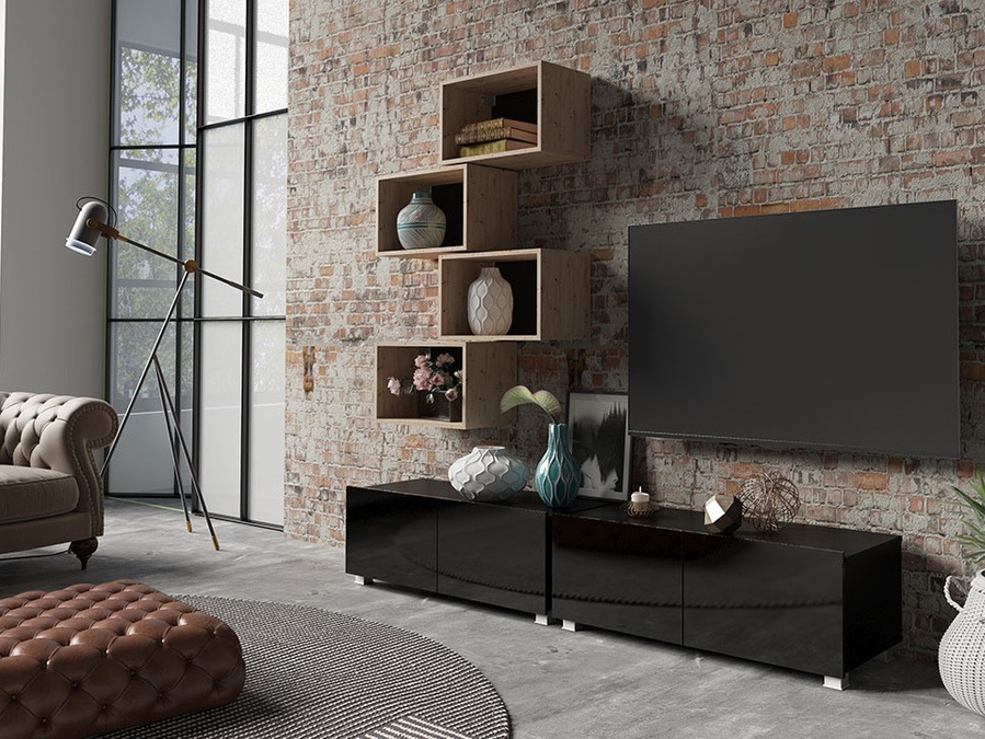 Nappali szett Tivdalu 150 (Fekete + Fényes fekete + Artisan tölgy)