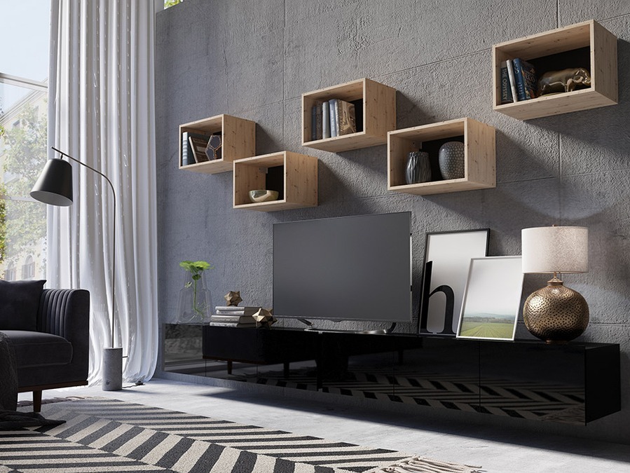 Nappali szett Tivdalu 152 (Fekete + Fényes fekete + Artisan tölgy)