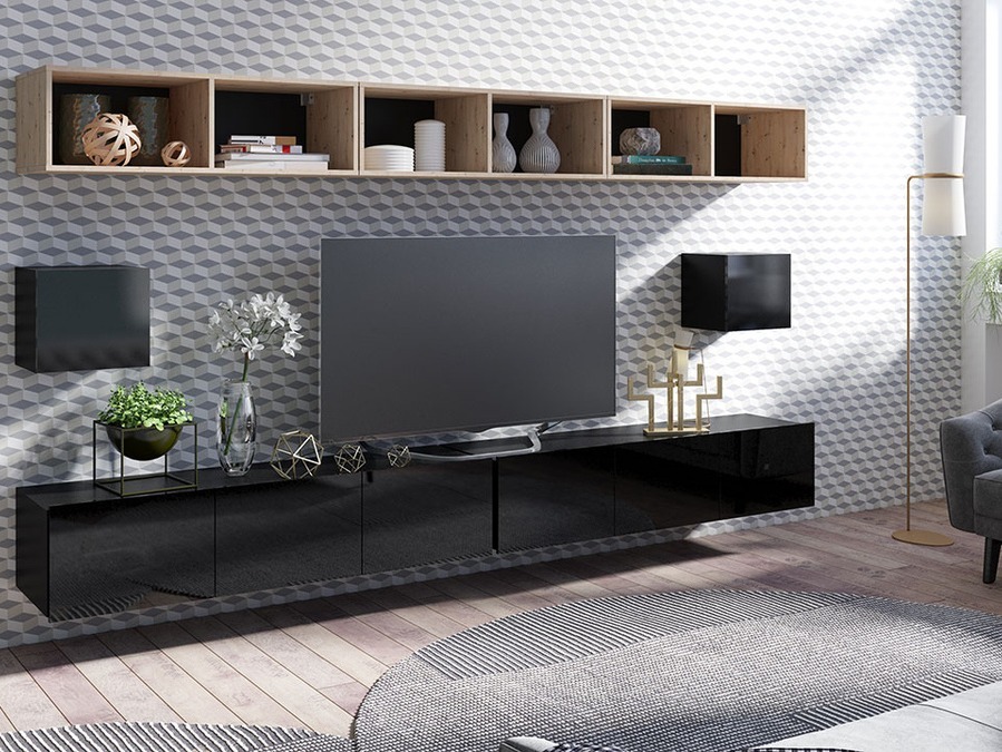 Nappali szett Tivdalu 154 (Fekete + Fényes fekete + Artisan tölgy)