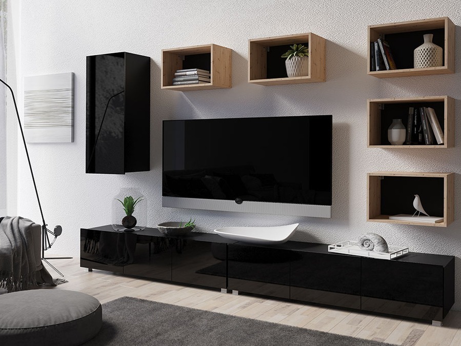 Nappali szett Tivdalu 157 (Fekete + Fényes fekete + Artisan tölgy)