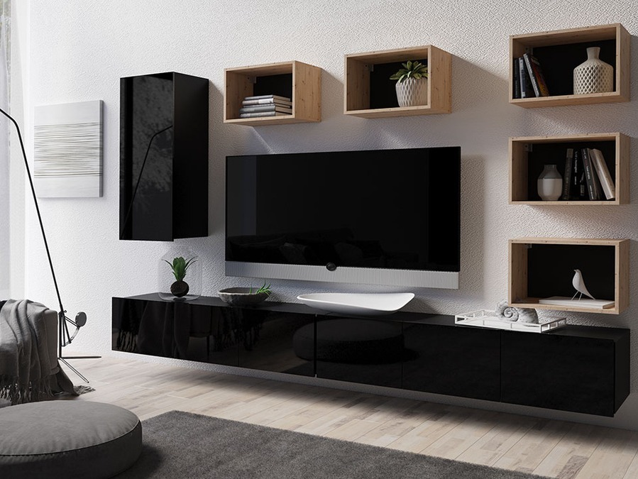 Nappali szett Tivdalu 157 (Fekete + Fényes fekete + Artisan tölgy)